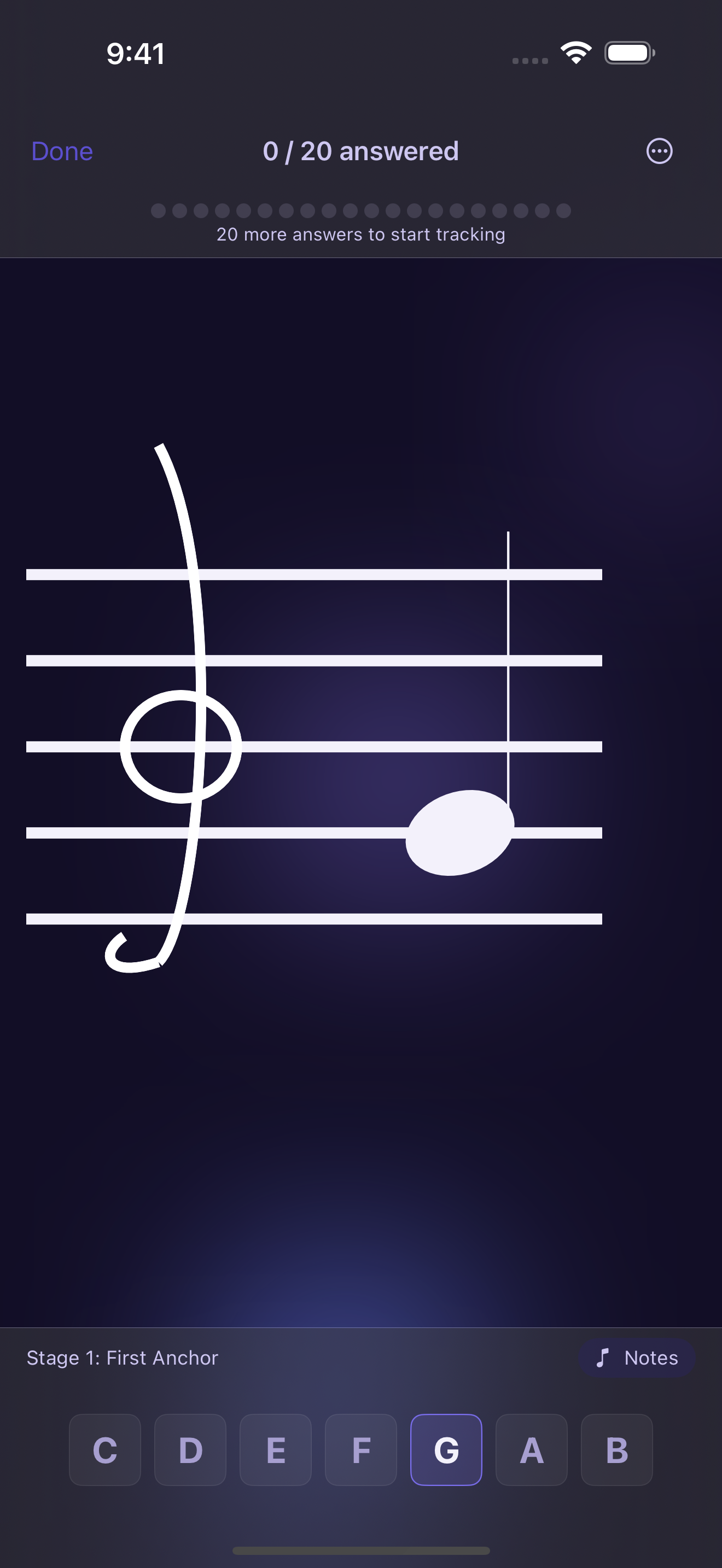 StaffReader practice screen — read the note on the staff and answer with the piano keyboard